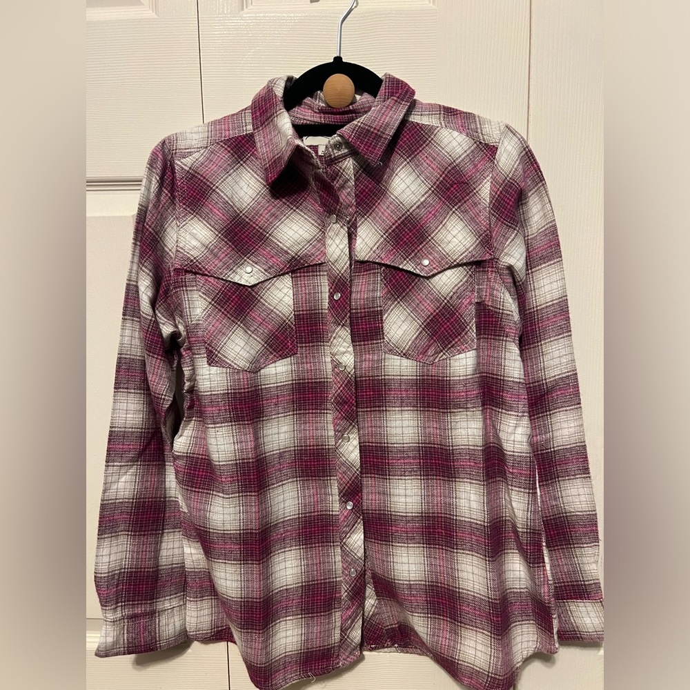 CANYON GUIDE OUTFITTERS WOMENS PINK PLAID FLANNEL BUTTON DOWN
